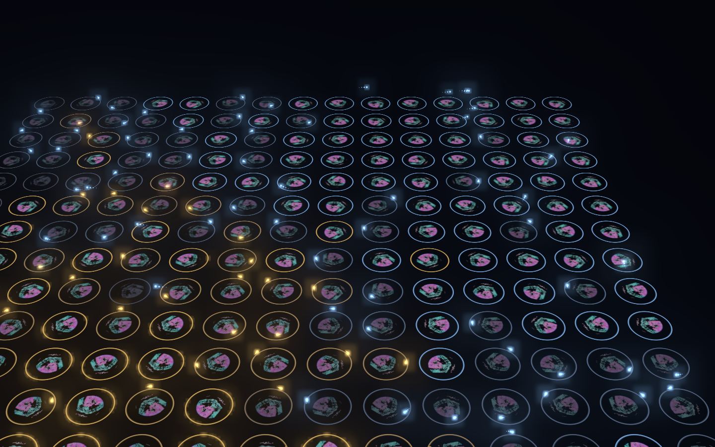 Many specimens, each worked on by models on a Mac (gold) and in the cloud (blue).